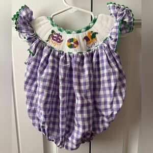 Purple Gingham Smocked Baby Bubble Romper with Mardi Gras Embroidery